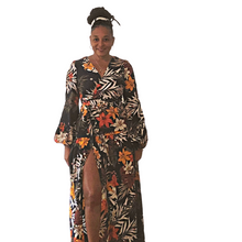 Load image into Gallery viewer, Floral Maxi Print Dress in lovely fall browns, oranges and yellows. High Front slit with cutout shoulders. Recommended to size up
